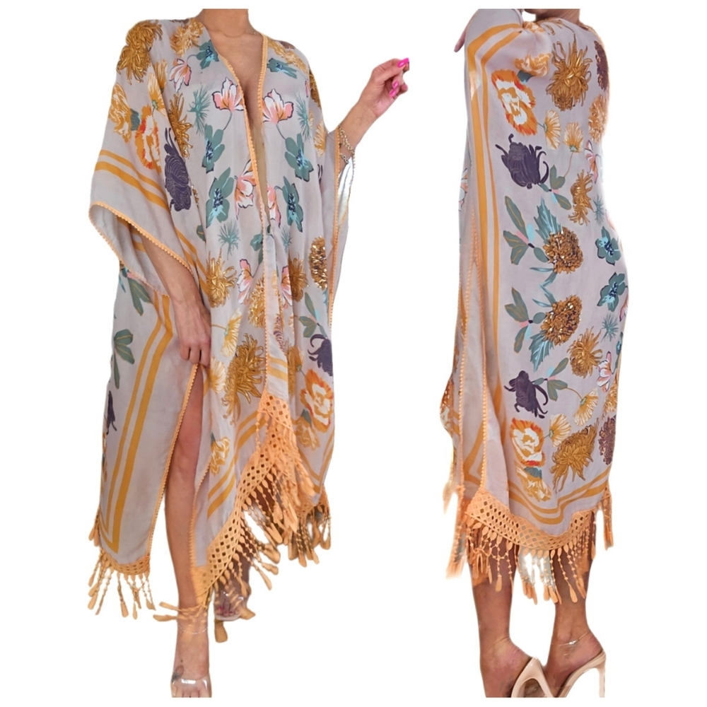Flowing Caftan Kaftan Coverup Floral Peach Crochet Fringe Duster